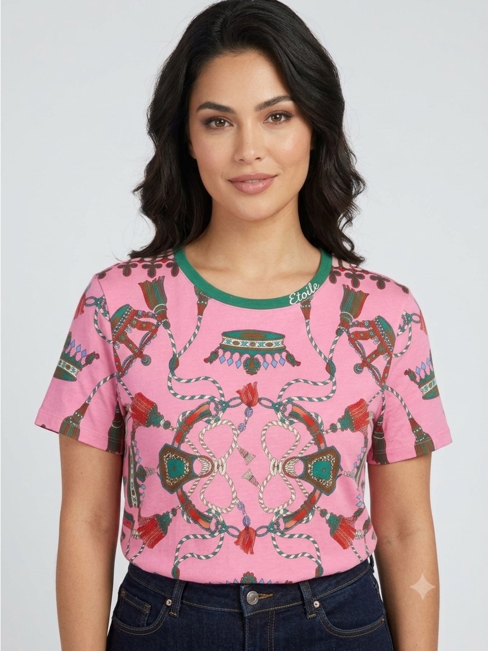 RANI ARABELLA Italy Pink Regal Crown Tassel Print Luxury Cotton Tee Size L